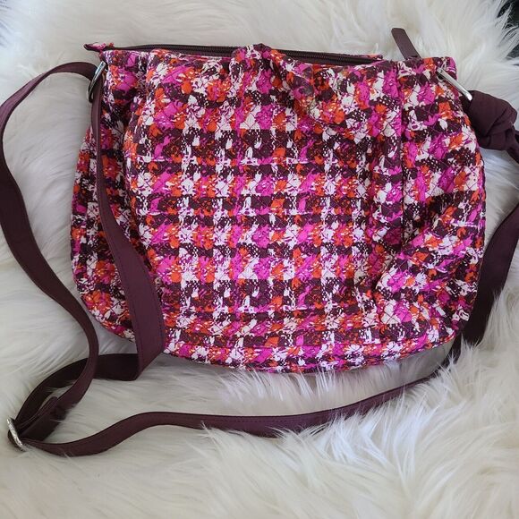 Vera Bradley Hadley Houndstooth Tweed Crossbody Pink Orange Purple Plum Bag Euc - Picture 2 of 4